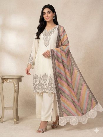 DESIGNER STAR GEORGETTE SEQUENCE EMBROIDERY WORK TOP PALAZZO WITH DUPATTA OFF WHITE