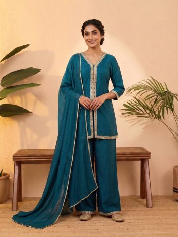 DESIGNER VICHITRA SILK EMBROIDERY, SEQUENCE & CODING WORK TOP PALAZZO WITH DUPATTA TEAL