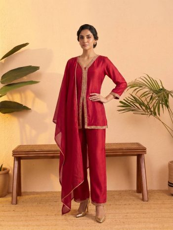 DESIGNER VICHITRA SILK EMBROIDERY, SEQUENCE & CODING WORK TOP PALAZZO WITH DUPATTA RED
