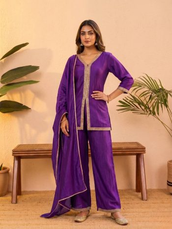 DESIGNER VICHITRA SILK EMBROIDERY, SEQUENCE & CODING WORK TOP PALAZZO WITH DUPATTA PURPLE