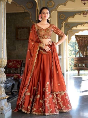 DESIGNER VICHITRA SILK SEQUENCE AND THREAD EMBROIDERY WORK LEHENGA CHOLI WITH DUPATTA ORANGE