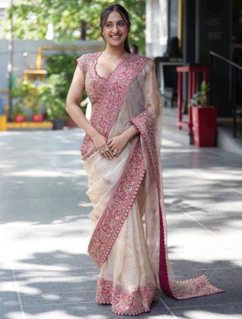 DESIGNER ZIPSY SILK SEQUENCE AND DORI EMBROIDERY WORK SAREE WITH UNSTITCHED BLOUSE CREAM AND RED