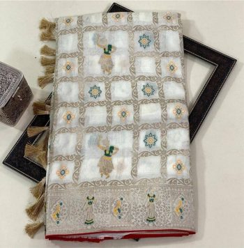 FABULOUS DOLA SILK WEAVING RICH ZARI WOVEN SAREE WITH UNSTITCHED BLOUSE WHITE