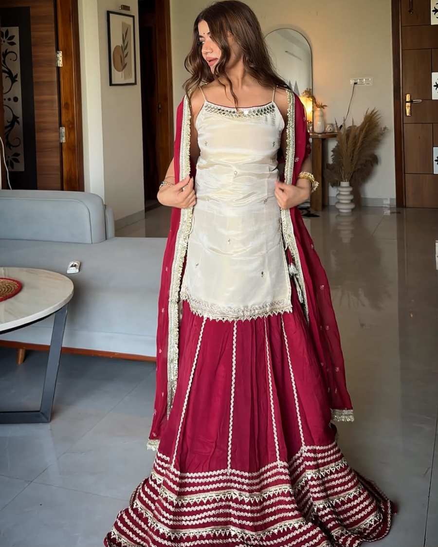 FABULOUS VICHITRA SILK SEQUINS ZARI EMBROIDERED WORK TOP LEHENGA WITH DUPATTA WEDDING WEAR WHOLESALE PRICE ETHNIC GARMENT (23)