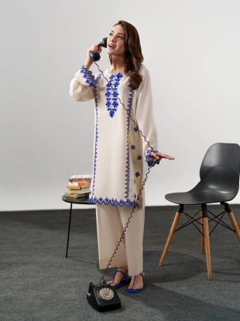 FANCY CHANDERI SILK EMBROIDERY WORK TOP BOTTOM SET OFF WHITE AND BLUE