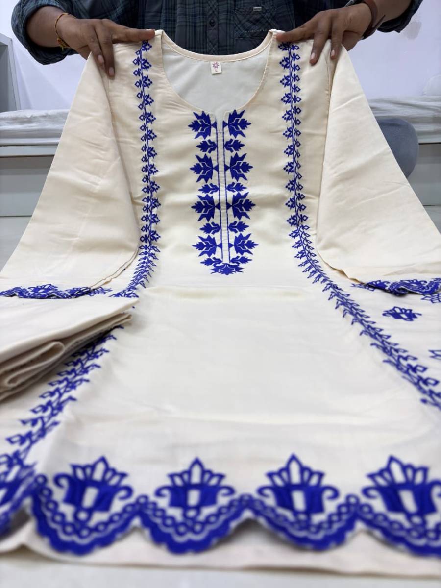 FANCY CHANDERI SILK EMBROIDERY WORK TOP BOTTOM SET OFFICE WEAR WHOLESALE PRICE ETHNIC GARMENT (14)