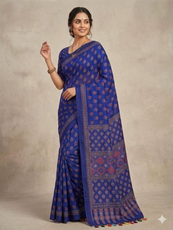 FANCY CHINON AJRAK DIGITAL PRINT WITH REAL MIRROR WORK WITH KODI LACE BORDER WORK SAREE WITH UNSTITCHED BLOUSE BLUE