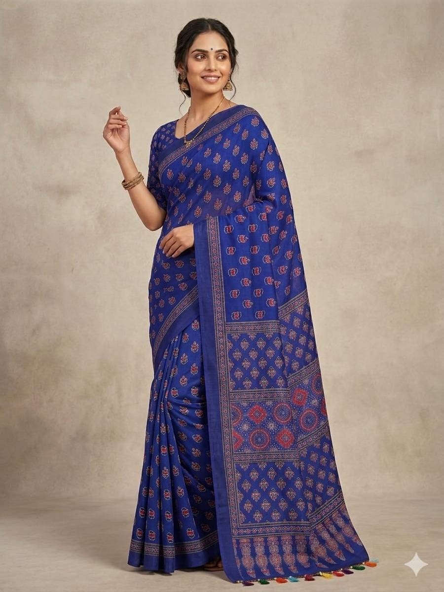 FANCY CHINON AJRAK DIGITAL PRINT WITH REAL MIRROR WORK WITH KODI LACE BORDER WORK SAREE WITH UNSTITCHED BLOUSE PARTY WEAR WHOLESALE PRICE ETHNIC GARMENT (3)