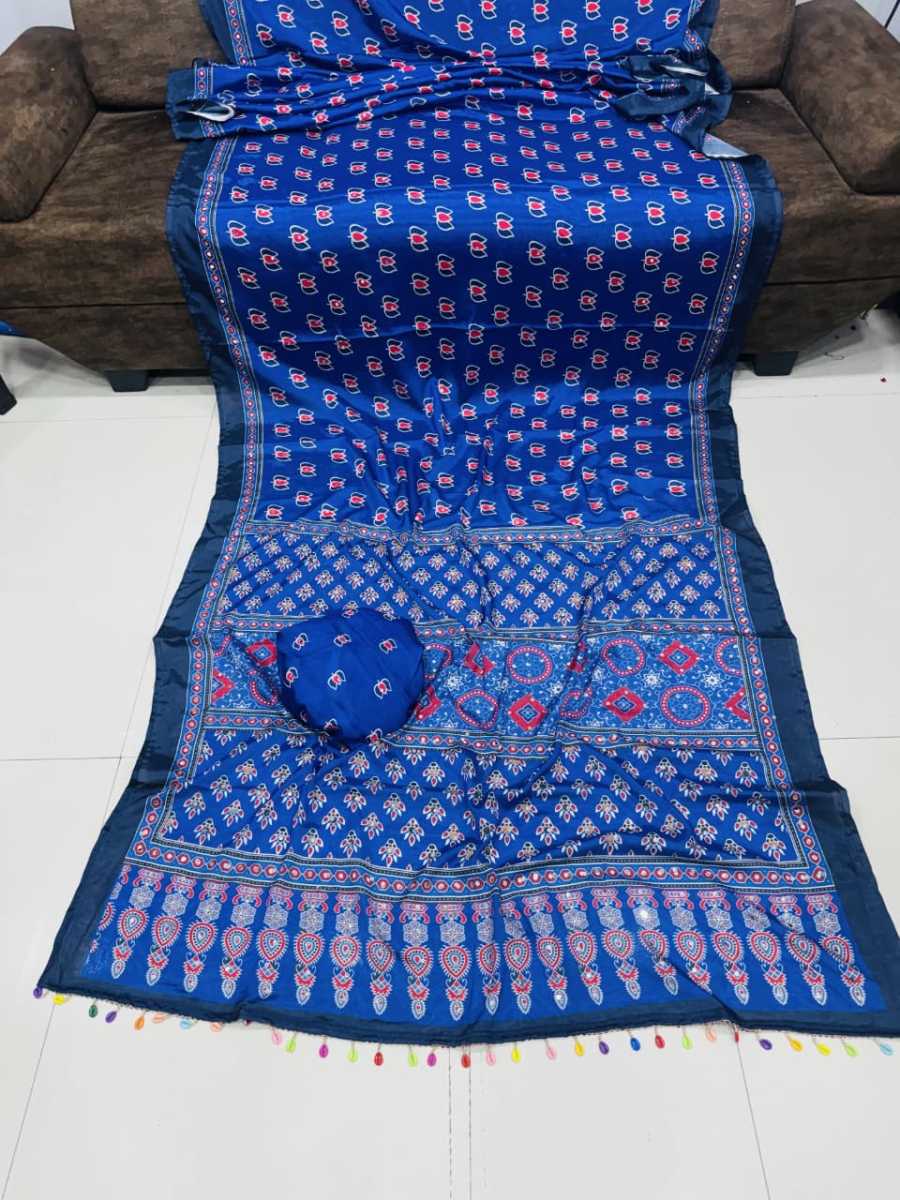 FANCY CHINON AJRAK DIGITAL PRINT WITH REAL MIRROR WORK WITH KODI LACE BORDER WORK SAREE WITH UNSTITCHED BLOUSE PARTY WEAR WHOLESALE PRICE ETHNIC GARMENT (5)
