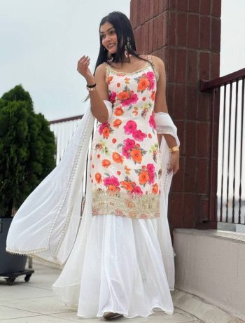 FANCY CHINON SILK EMBROIDERY SEQUENCE CODING WORK AND DIGITAL PRINT WORK TOP PALAZZO WITH DUPATTA WHITE AND PINK