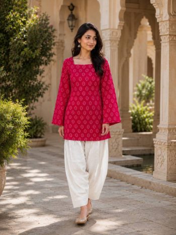 FANCY COTTON BANDHEJ PRINT WORK TOP PATIYALA SET RANI