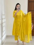 FANCY COTTON CHIKANKARI EMBROIDERY WITH COTTON THREAD WORK TOP BOTTOM WITH DUPATTA LEMON