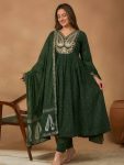 FANCY COTTON EMBROIDERED WORK TOP BOTTOM WITH DUPATTA DARK GREEN