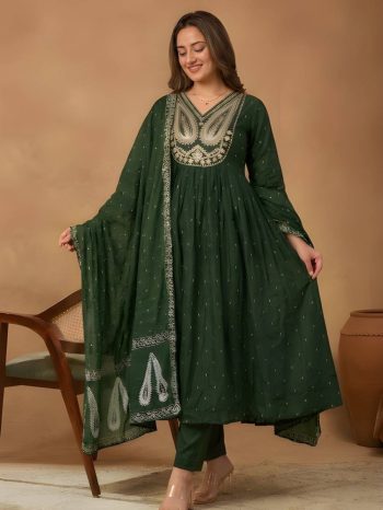 FANCY COTTON EMBROIDERED WORK TOP BOTTOM WITH DUPATTA DARK GREEN