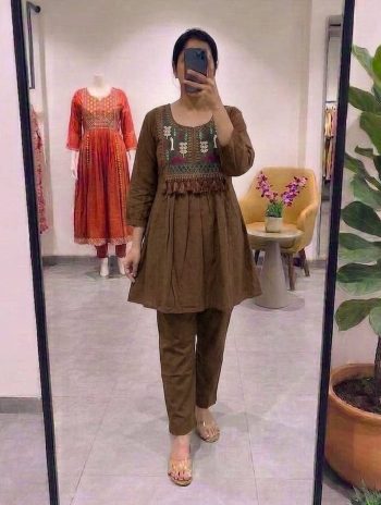 FANCY COTTON EMBROIDERY WORK CO-ORD SET CHIKU