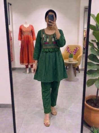 FANCY COTTON EMBROIDERY WORK CO-ORD SET GREEN