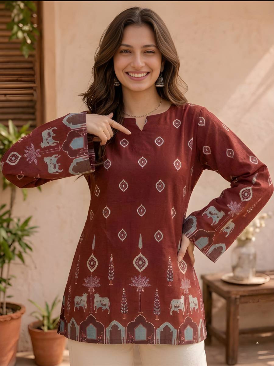 FANCY COTTON KALAMKARI PRINT WORK TUNIC TOP DAILY WEAR WHOLESALE PRICE ETHNIC GARMENT (4)