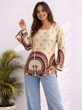 FANCY COTTON KALAMKARI PRINT WORK TUNIC TOP OFF WHITE