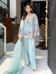 FANCY CREPE SILK SEQUENCE EMBROIDERY WITH BORDER LACE WORK TOP PATIYALA WITH DUPATTA SKY