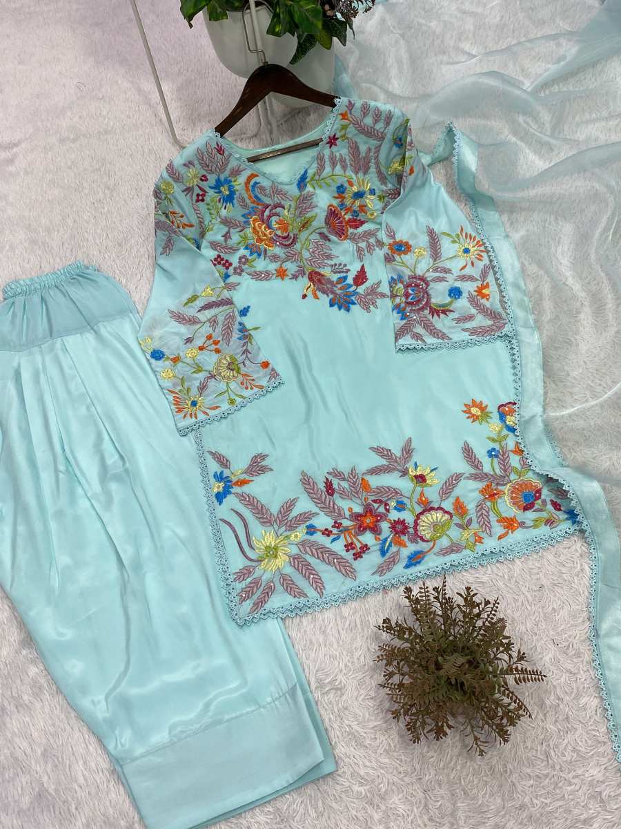 FANCY CREPE SILK SEQUENCE EMBROIDERY WITH BORDER LACE WORK TOP PATIYALA WITH DUPATTA FESTIVE WEAR WHOLESALE PRICE ETHNIC GARMENT (7)