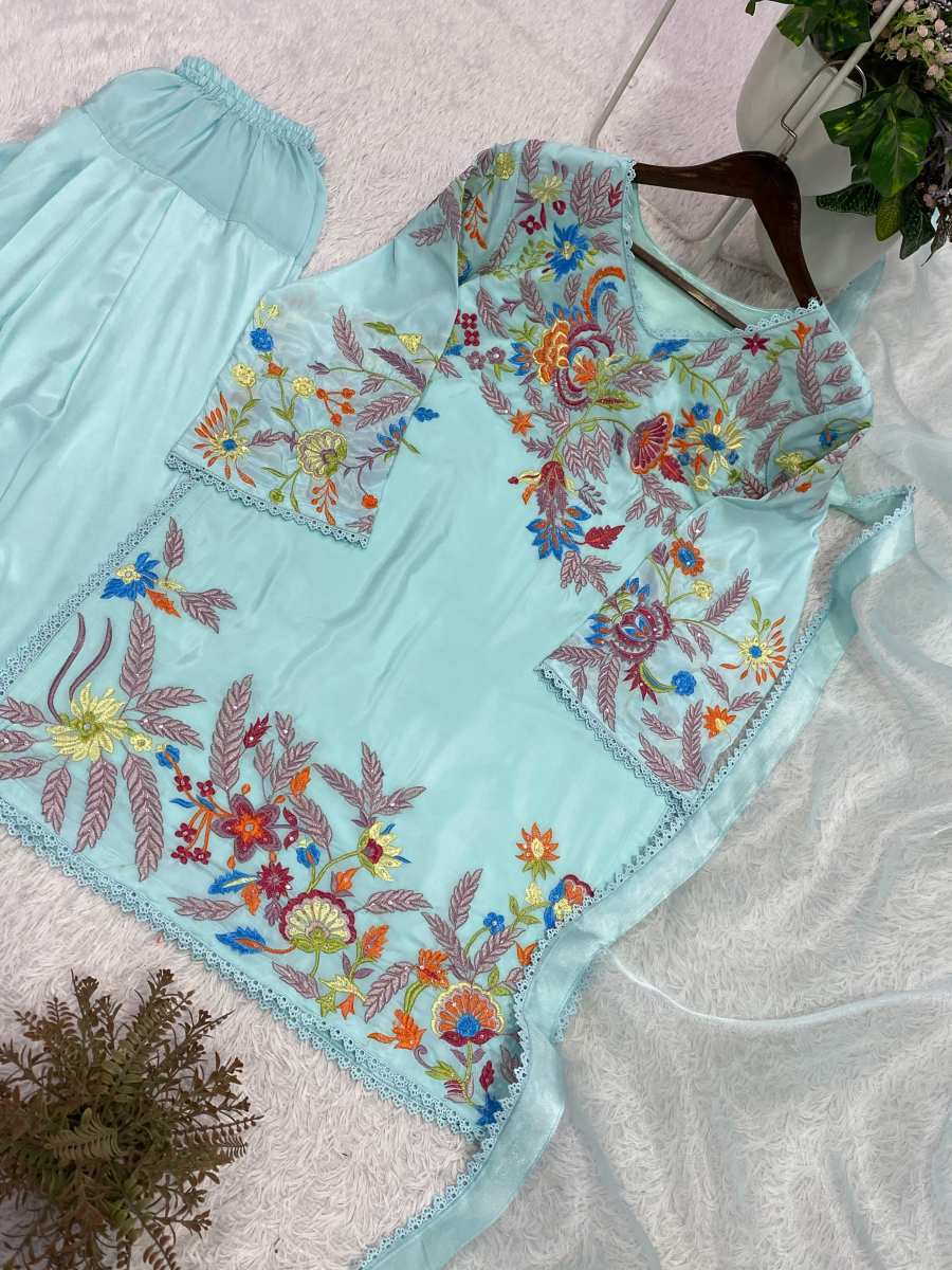 FANCY CREPE SILK SEQUENCE EMBROIDERY WITH BORDER LACE WORK TOP PATIYALA WITH DUPATTA FESTIVE WEAR WHOLESALE PRICE ETHNIC GARMENT (8)