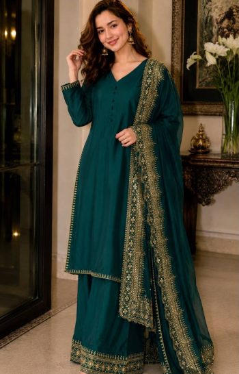 FANCY CREPE SILK SEQUENCE EMBROIDERY ZARI WORK AND MOTI WORK TOP PALAZZO WITH DUPATTA RAMA