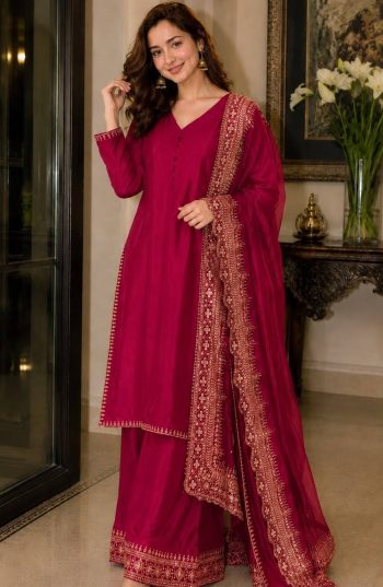 FANCY CREPE SILK SEQUENCE EMBROIDERY ZARI WORK AND MOTI WORK TOP PALAZZO WITH DUPATTA PINK