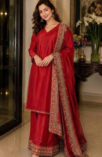 FANCY CREPE SILK SEQUENCE EMBROIDERY ZARI WORK AND MOTI WORK TOP PALAZZO WITH DUPATTA RED