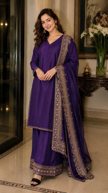 FANCY CREPE SILK SEQUENCE EMBROIDERY ZARI WORK AND MOTI WORK TOP PALAZZO WITH DUPATTA PURPLE