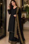 FANCY CREPE SILK SEQUENCE EMBROIDERY  ZARI WORK AND MOTI  WORK TOP PALAZZO WITH DUPATTA  BLACK