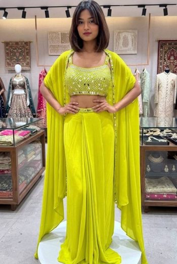 FANCY FRENCH CREPE REAL MIRROR WITH EMBROIDERY WORK SKIRT BLOUSE WITH SHRUG LEMON