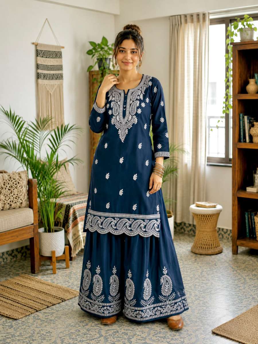 FANCY FRENCH CREPE SILK THREAD EMBROIDERY WORK KURTI PALAZZO SET OFFICE WEAR WHOLESALE PRICE ETHNIC GARMENT (12)