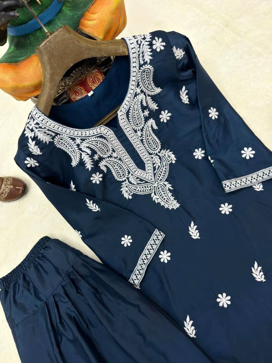 FANCY FRENCH CREPE SILK THREAD EMBROIDERY WORK KURTI PALAZZO SET OFFICE WEAR WHOLESALE PRICE ETHNIC GARMENT (16)