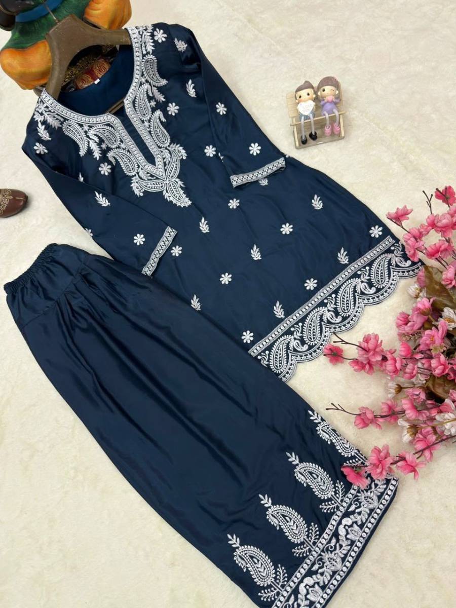 FANCY FRENCH CREPE SILK THREAD EMBROIDERY WORK KURTI PALAZZO SET OFFICE WEAR WHOLESALE PRICE ETHNIC GARMENT (18)