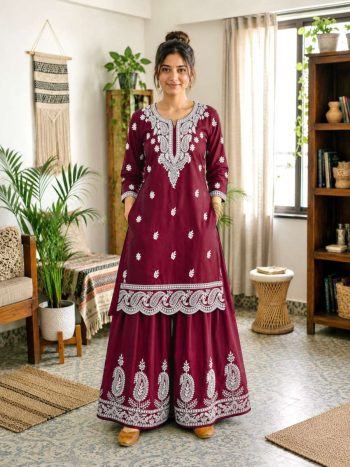 FANCY FRENCH CREPE SILK THREAD EMBROIDERY WORK KURTI PALAZZO SET MAROON