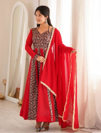 FANCY GEORGETTE EMBROIDERED MALL- BERRY WORK GOWN BOTTOM WITH DUPATTA RED