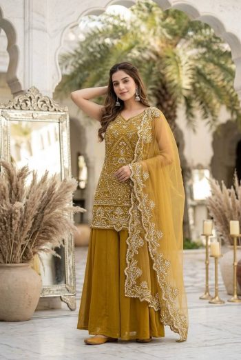 FANCY GEORGETTE EMBROIDERY SEQUENCE PEARL HAND WORK TOP PALAZZO WITH DUPATTA YELLOW