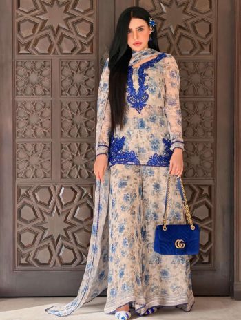 FANCY GEORGETTE EMBROIDERY WITH DIGITAL PRINT WORK TOP PALAZZO WITH DUPATTA OFF WHITE AND BLUE