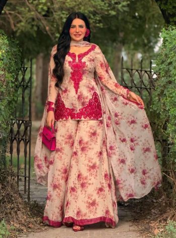 FANCY GEORGETTE EMBROIDERY WITH DIGITAL PRINT WORK TOP PALAZZO WITH DUPATTA OFF WHITE AND RED