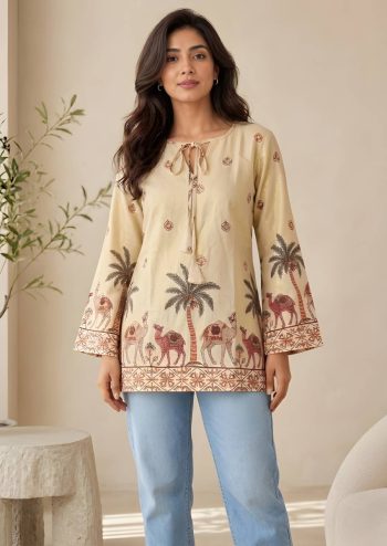FANCY KALAMKARI PRINT WORK TUNIC TOP OFF WHITE