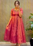 FANCY KOTA TISSUE SILK MAGGAM HAND WORK GOWN PINK