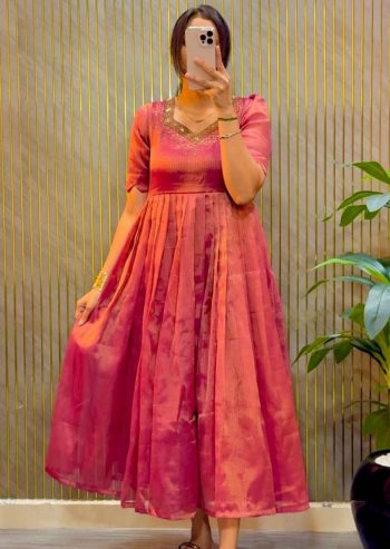 FANCY KOTA TISSUE SILK MAGGAM HAND WORK GOWN PINK