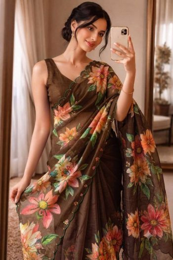 FANCY LINEN SILK DIGITAL PRINT AND KHATLI WORK SAREE WITH UNSTITCHED BLOUSE MEHNDI