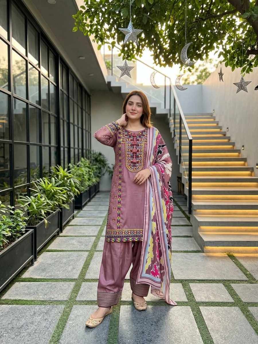 FANCY NATURAL SILK EMBROIDRY WORK TOP PATIYALA WITH DUPATTA FESTIVE WEAR WHOLESALE PRICE ETHNIC GARMENT (20)