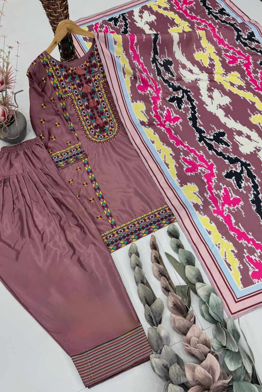 FANCY NATURAL SILK EMBROIDRY WORK TOP PATIYALA WITH DUPATTA FESTIVE WEAR WHOLESALE PRICE ETHNIC GARMENT (22)