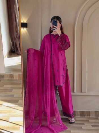 FANCY RAYON COTTON EMBROIDERY THREAD WITH SEQUENCE WORK TOP PATIYALA WITH DUPATTA PINK
