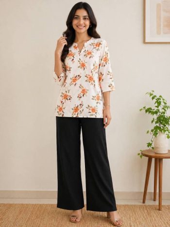 FANCY  RAYON DIGITAL PRINT WORK TOP PALAZZO SET BLACK WITH AND ORANGE