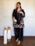 FANCY RAYON SATIN THREAD WORK KURTI PALAZZO SET BLACK