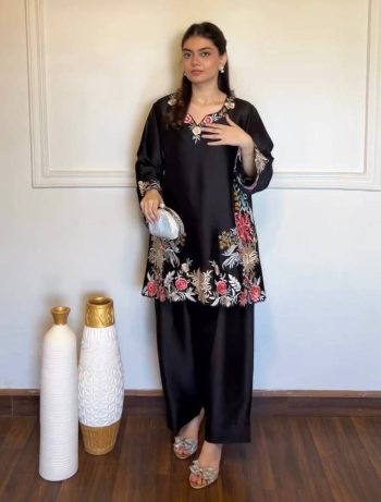 FANCY RAYON SATIN THREAD WORK KURTI PALAZZO SET BLACK