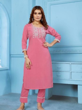 FANCY RINKAL COTTON EMBROIDERY WORK TOP PENT SET BABY PINK